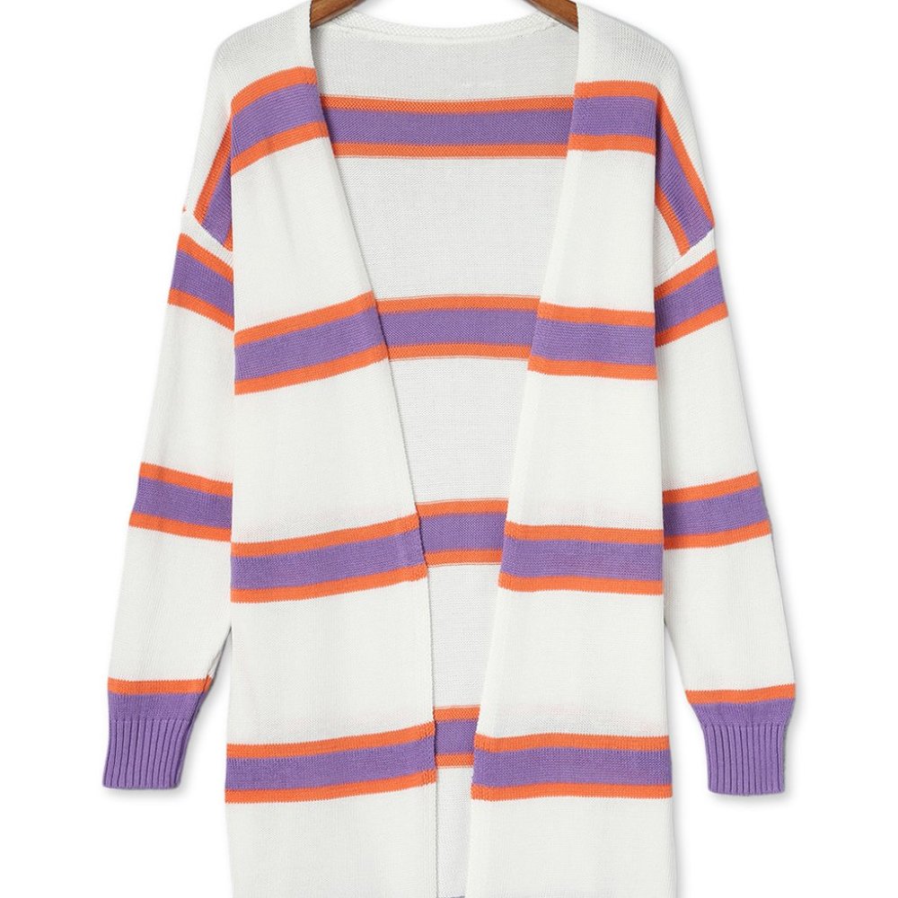 Ivory Lavender Striped Long Sleeve Ribbed Trim Button Cardigan Pastel Sweater - Picture 8 of 11